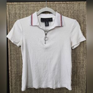 Polly Esther White Polo Shirt with Zipper